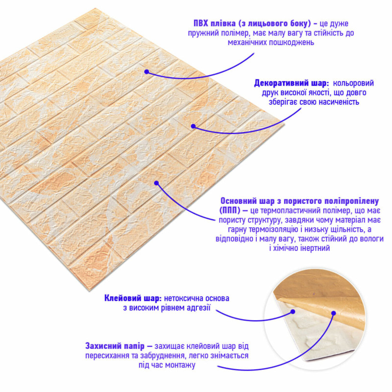 Декоративна 3D панель самоклейка під цеглу Бежевий мармур 700х770х5мм (062) SW-00000032