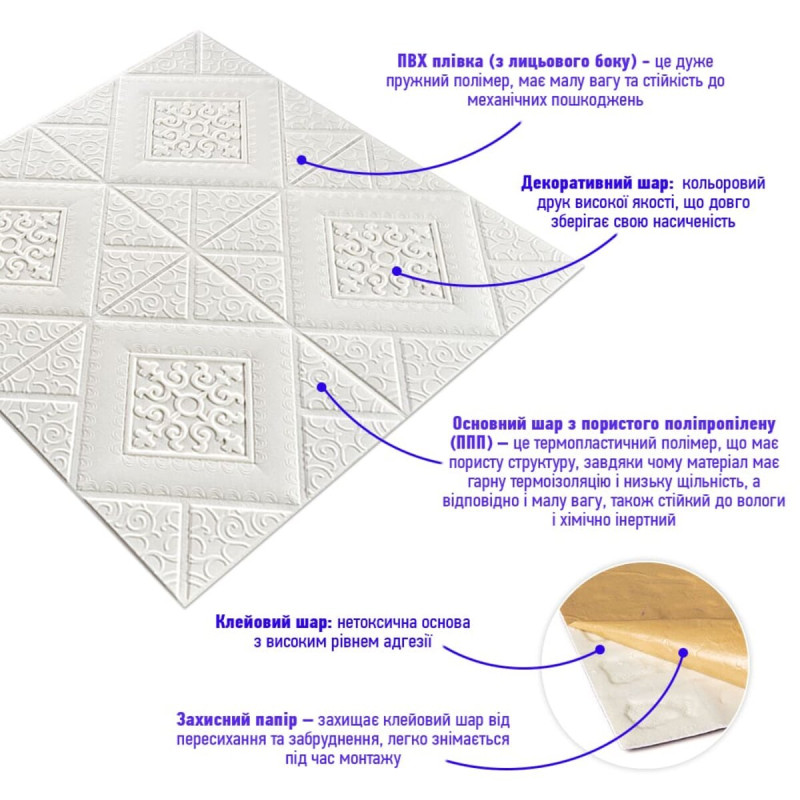 Самоклеюча декоративна настінно-стельова 3D панель вензеля в ромбі 700х700х5мм (374) SW-00000881